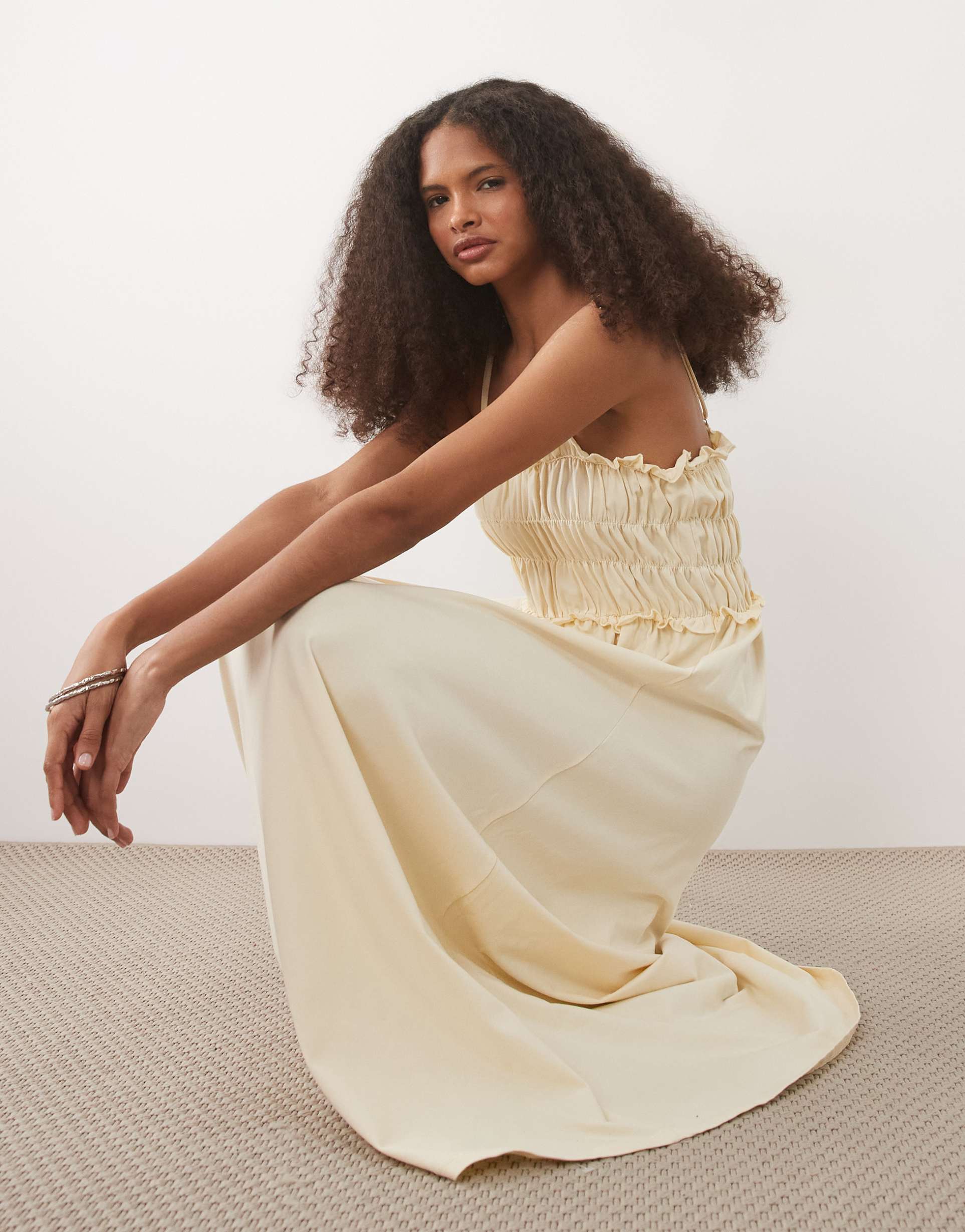 asos design shirred cami midi sundress in buttermilk