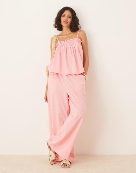 ASOS DESIGN shirred cami top and pull on trousers co-ord in pink - view 1
