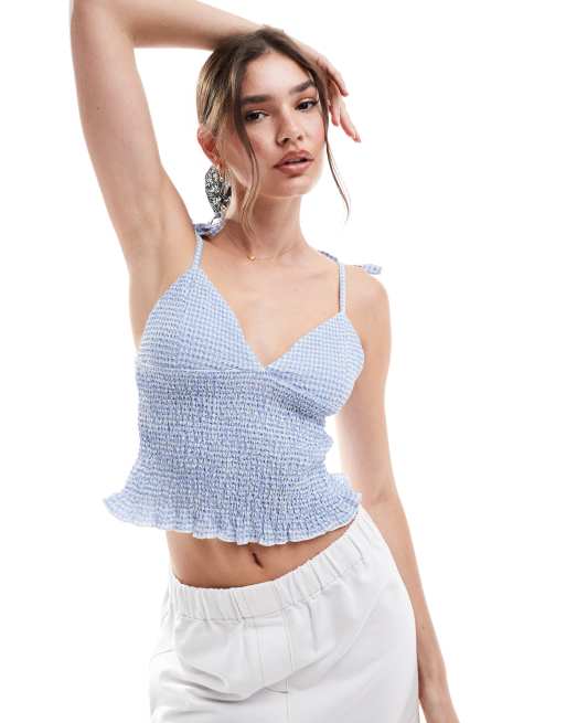 Asos Design Shirred Cami Top In Blue Gingham Asos