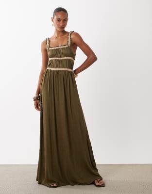 Asos Design Shirred Contrast Binding Maxi Dress In Green
