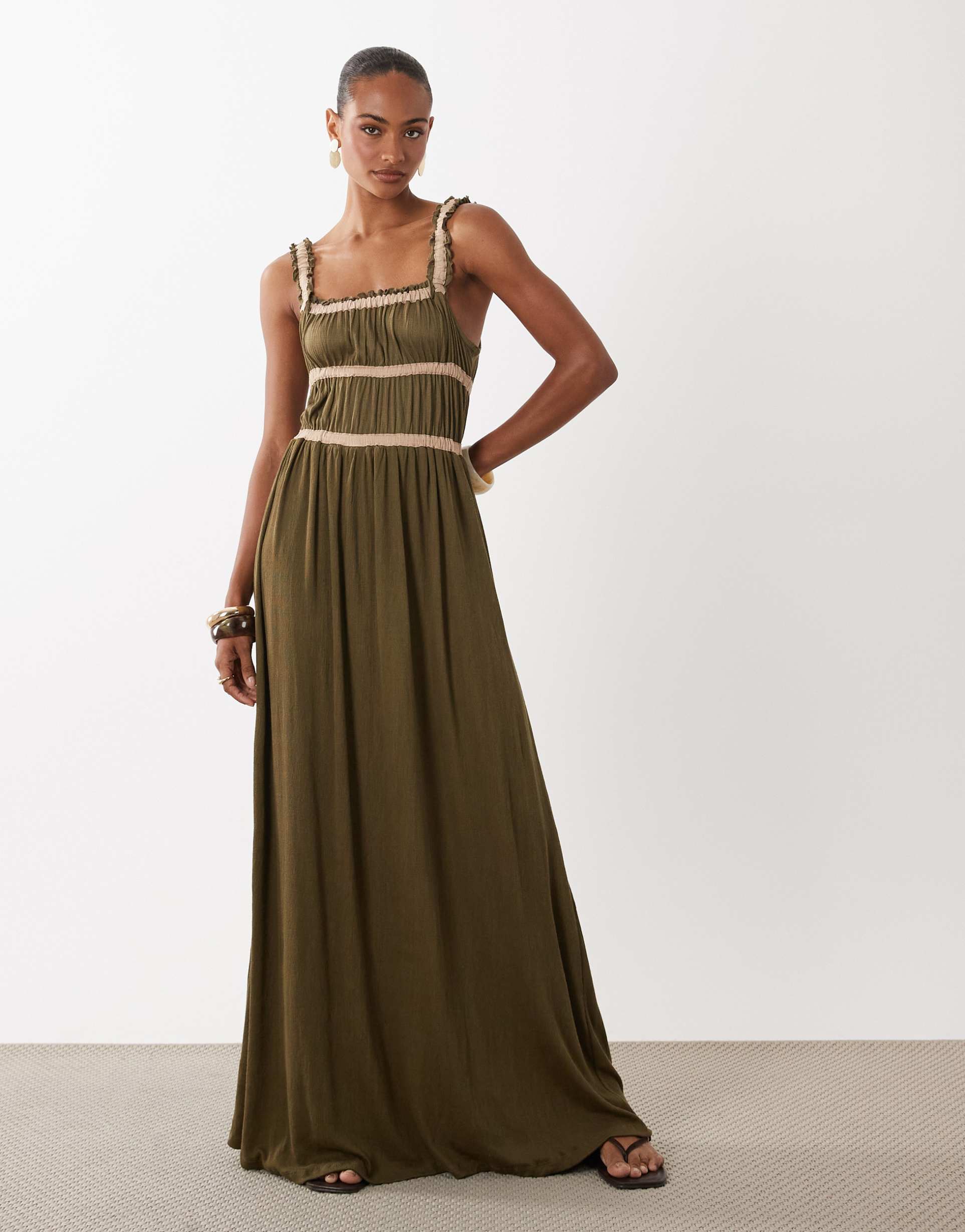 asos design shirred contrast binding maxi dress in khaki green