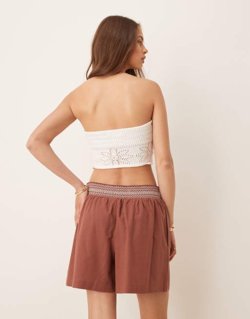 ASOS DESIGN shirred contrast waist shorts in brown, 5 of 5