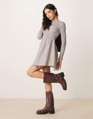 asos design shirred corset detail mini dress in brown plaid