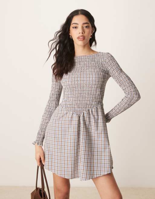ASOS DESIGN shirred corset detail mini dress in brown plaid, 2 of 4