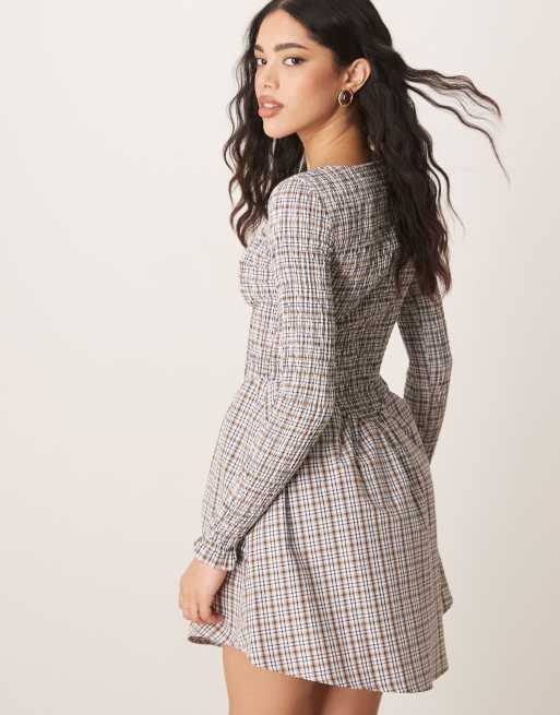 ASOS DESIGN shirred corset detail mini dress in brown plaid, 3 of 4