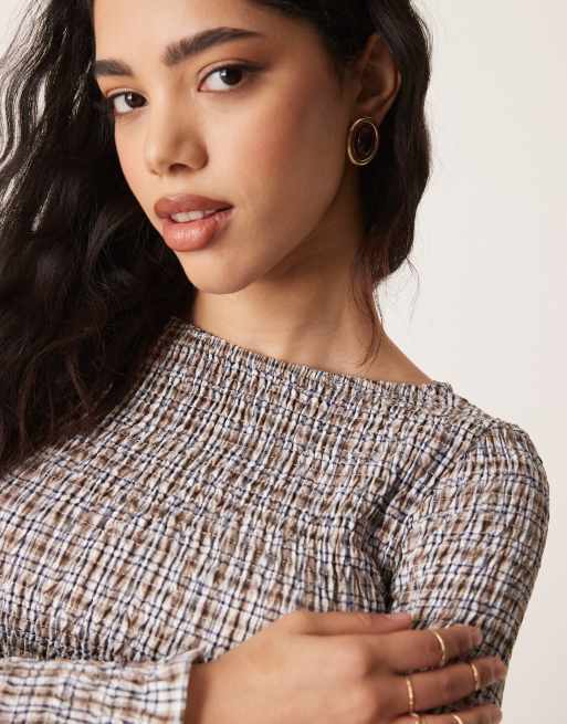 ASOS DESIGN shirred corset detail mini dress in brown plaid, 4 of 4