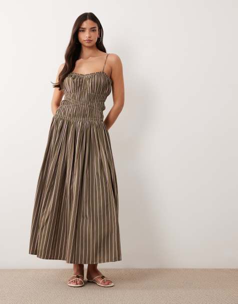 ASOS DESIGN shirred cotton poplin maxi sundress with dropped waist in khaki and pink stripe - view 1