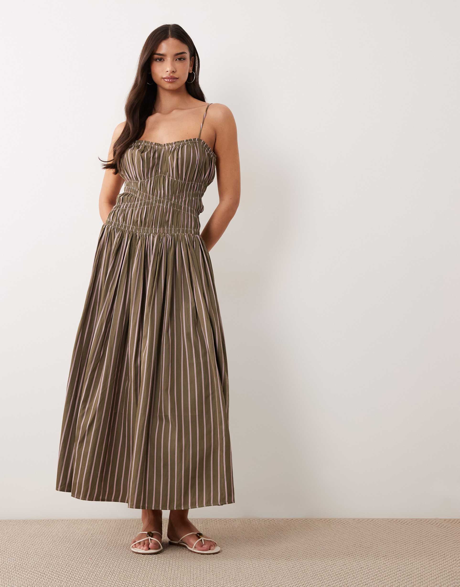 asos design shirred cotton poplin maxi sundress with dropped waist in khaki and pink stripe