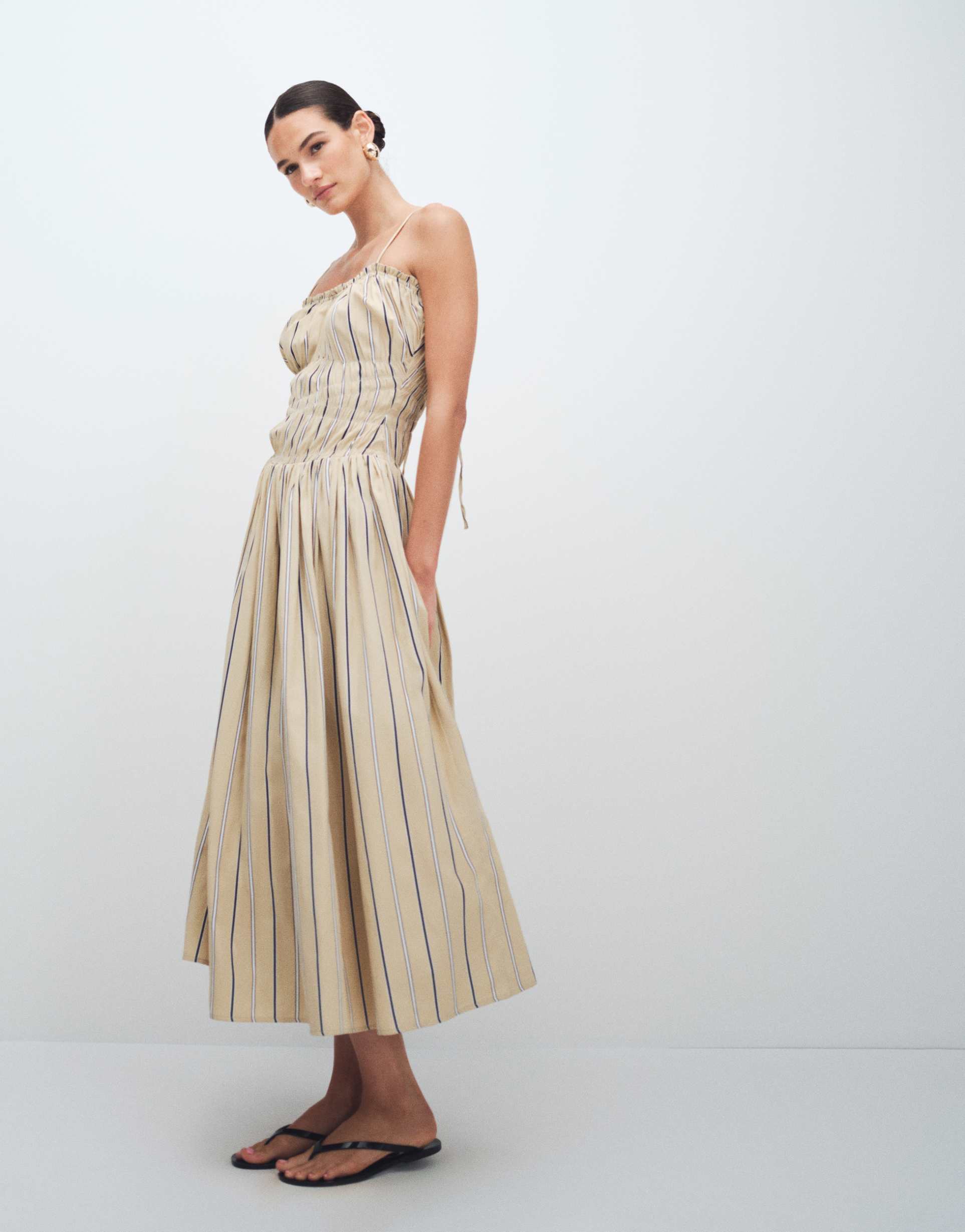 asos design shirred cotton poplin maxi sundress with dropped waist in stripe