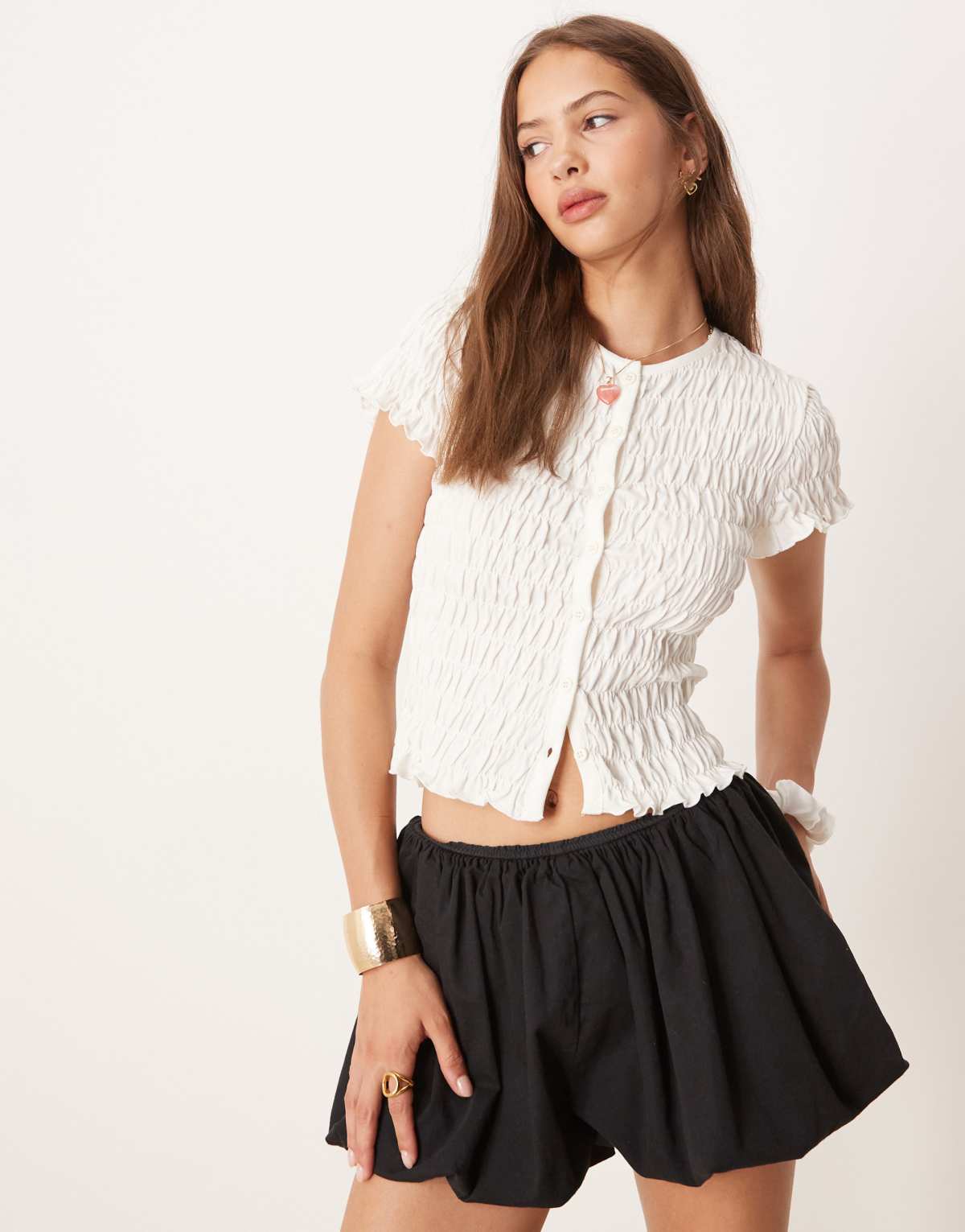 ASOS DESIGN shirred crew neck button down top in cream