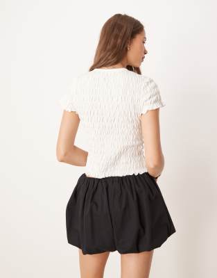 Asos Design Shirred Crew Neck Button Down Top In White