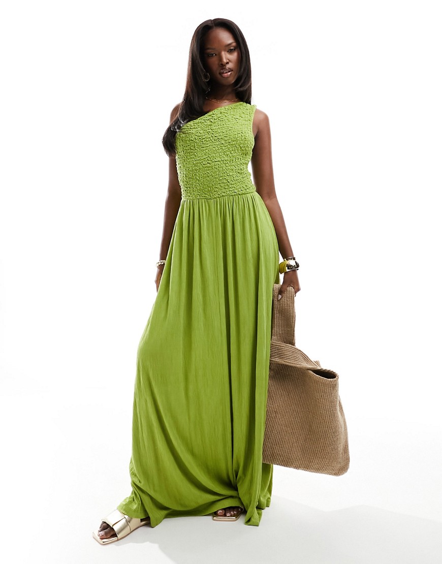 ASOS DESIGN shirred crinkle one shoulder maxi dress in chartreuse-Green