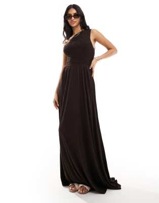 ASOS DESIGN ASOS DESIGN shirred crinkle one shoulder maxi dress in chocolate-Brown