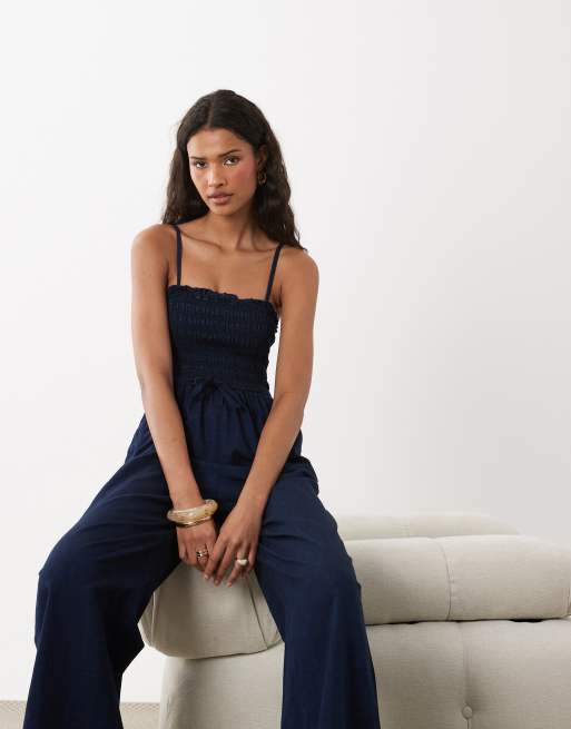ASOS DESIGN shirred denim jumpsuit in inky wash, 4 of 4