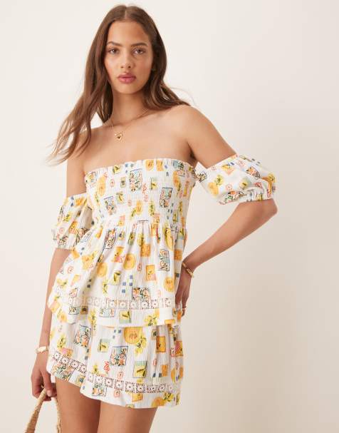 ASOS DESIGN shirred detail bardot top in postcard print - view 1