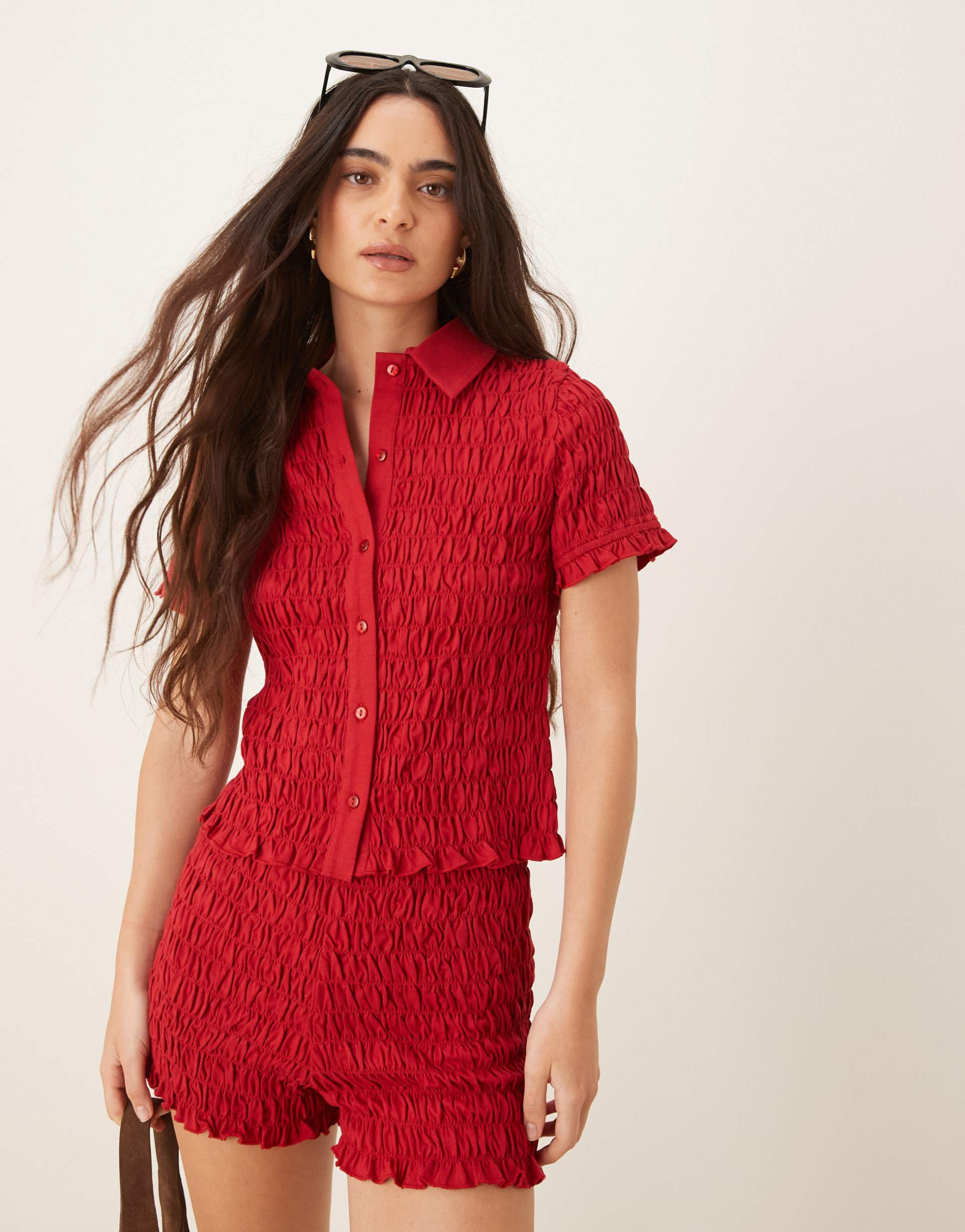 asos design shirred detail micro shirt in red - part of a set