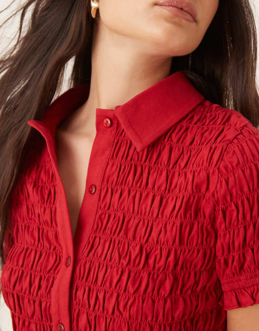 ASOS DESIGN shirred detail micro shirt in red (part of a set), 2 of 4