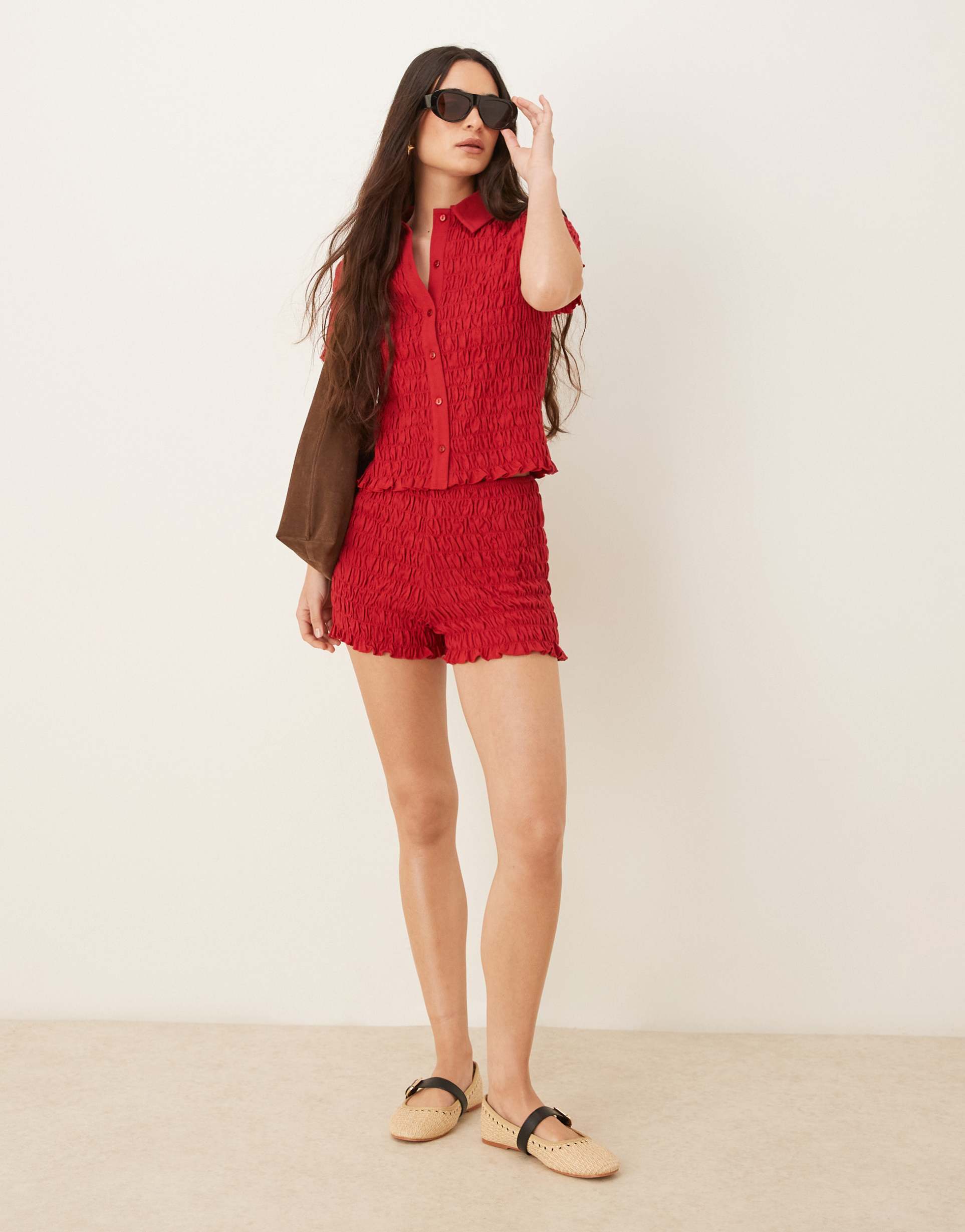 asos design shirred detail micro shorts in red - part of a set