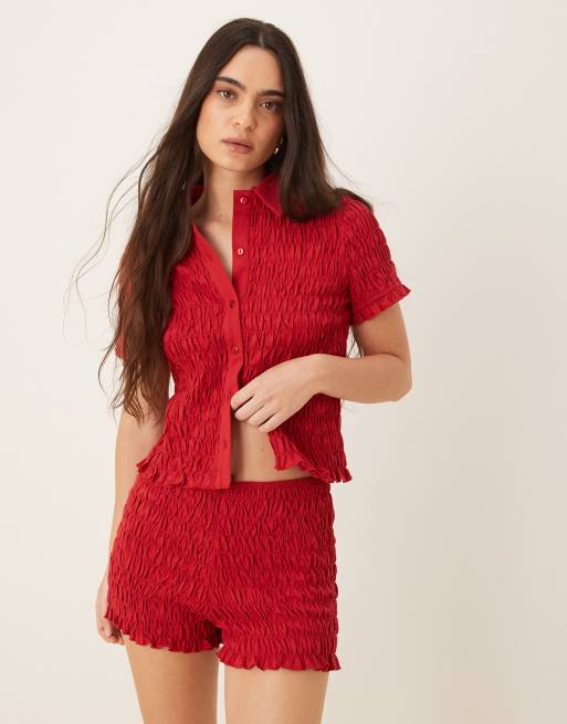 ASOS DESIGN shirred detail micro shorts in red (part of a set), 2 of 5