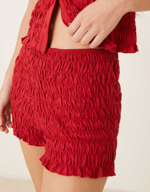 ASOS DESIGN shirred detail micro shorts in red (part of a set), 3 of 5