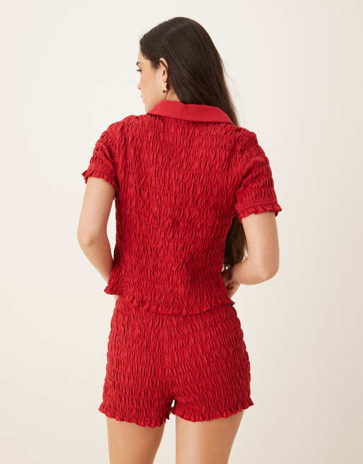ASOS DESIGN shirred detail micro shorts in red (part of a set), 4 of 5