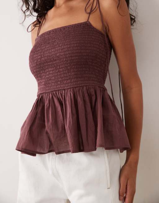 ASOS DESIGN shirred detail peplum cami in burgundy, 3 of 4