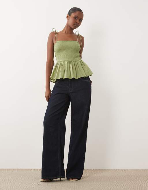 ASOS DESIGN shirred detail peplum cami in khaki, 2 of 4