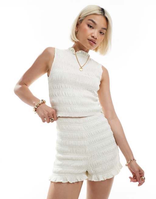 ASOS DESIGN shirred detail shorts in cream - part of a set