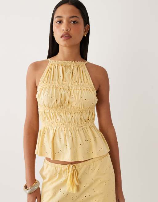 ASOS DESIGN wide leg drawcord tassle detail jersey broderie co-ord in buttermilk, 2 of 4