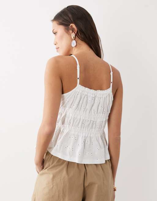 ASOS DESIGN shirred detail square neck broderie vest in white, 4 of 4