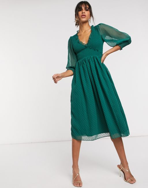 ASOS DESIGN shirred dobby midi dress in forest green | ASOS