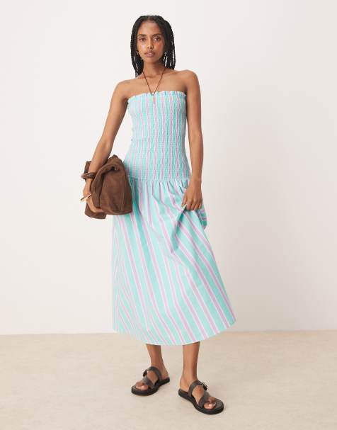 ASOS DESIGN shirred drop waist maxi dress in blue purple stripe - view 1
