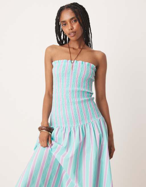 ASOS Design shirred drop waist maxi dress in blue purple stripe-Multi