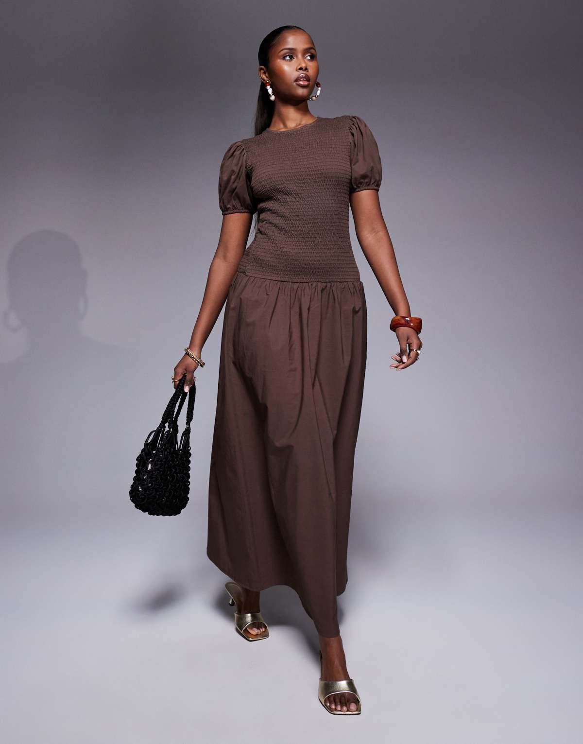 ASOS DESIGN shirred drop waist maxi dress in brown