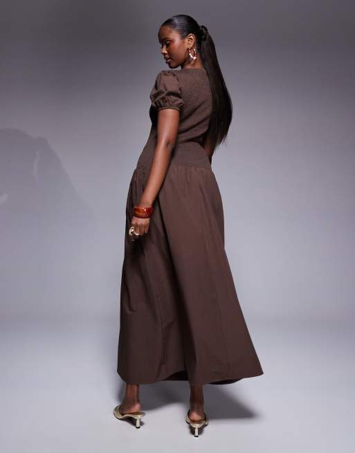 ASOS DESIGN shirred drop waist maxi dress in brown ASOS