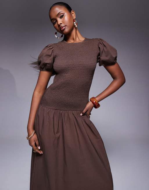 ASOS DESIGN shirred drop waist maxi dress in brown, 3 of 4