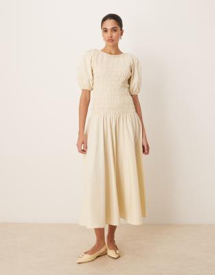 Asos Design Shirred Drop Waist Maxi Dress In White