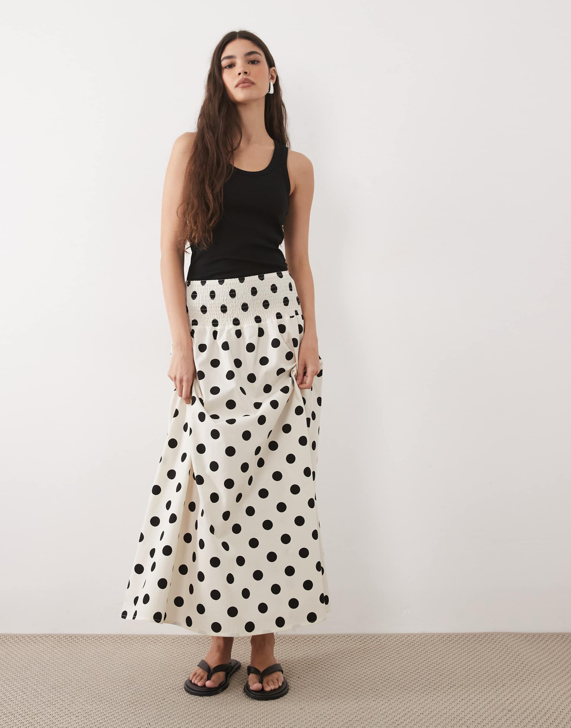 asos design shirred drop waist maxi skirt in polka dot