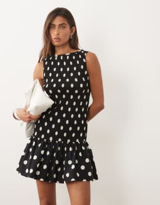 Asos Design Shirred Drop Waist Mini Dress In Black