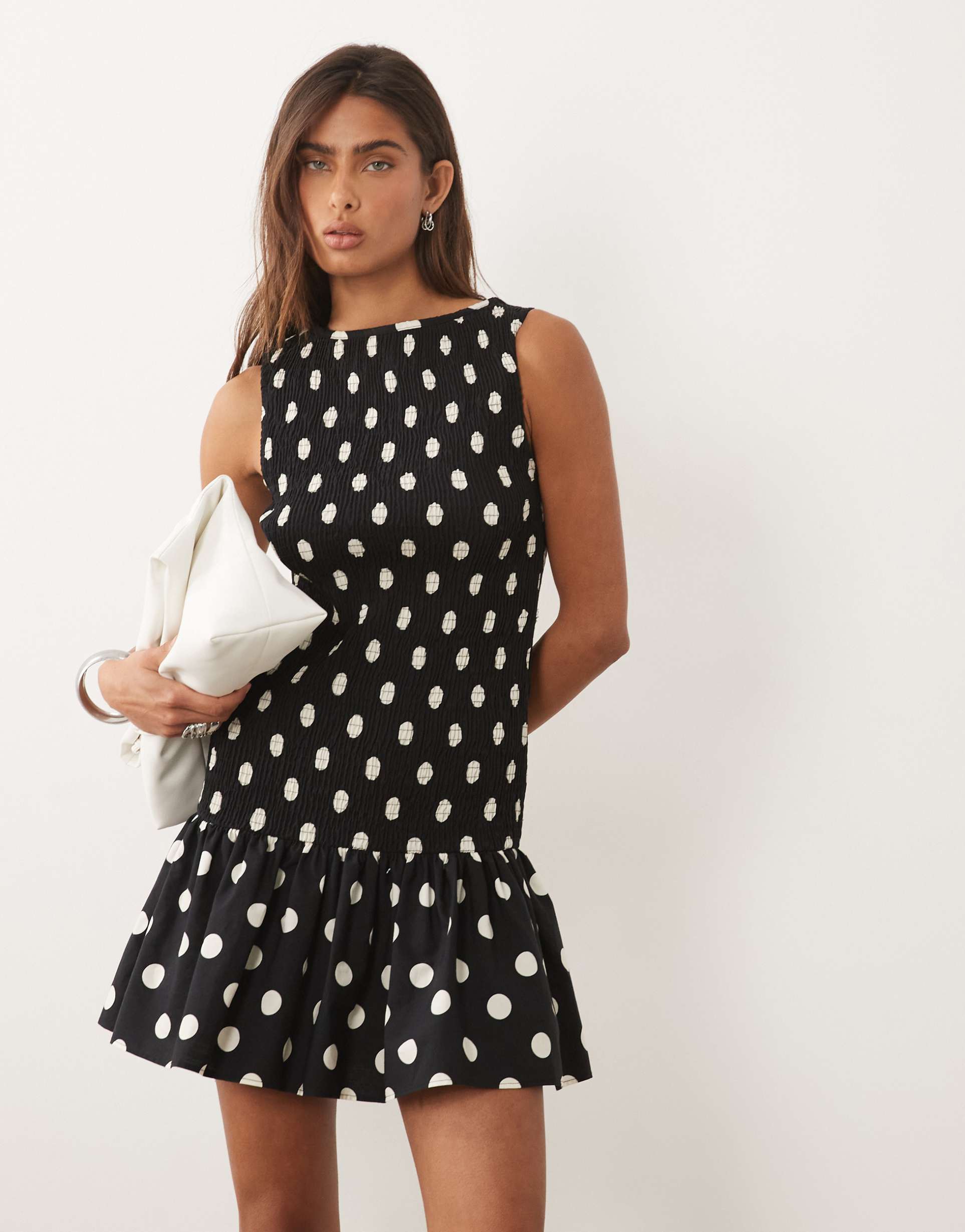 asos design shirred drop waist mini dress in black polka dot
