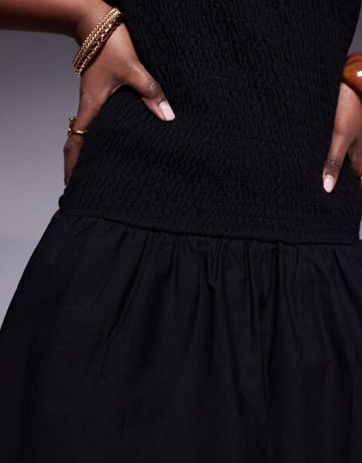 ASOS DESIGN shirred drop waist mini dress in black