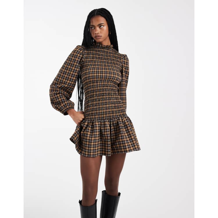 asos design high neck shirred waist mini dress in texture drop brown plaid light yellow strapless satin chiffon maxi dress