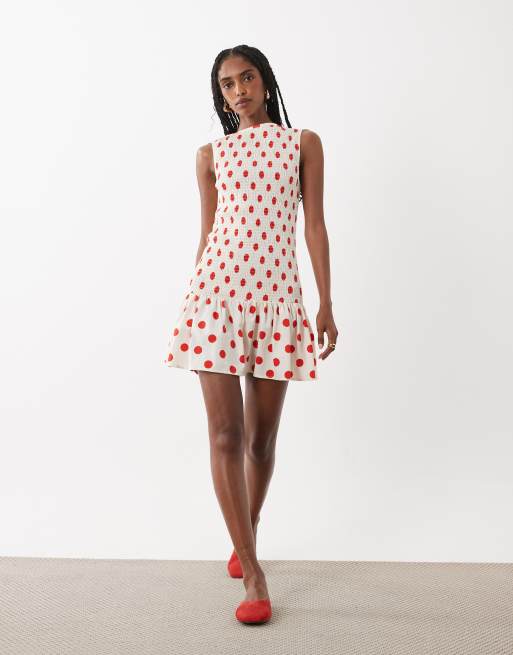 ASOS DESIGN shirred drop waist mini dress in cream and red spot, 4 of 4