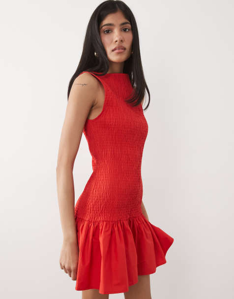 ASOS DESIGN shirred drop waist mini dress in red - view 1