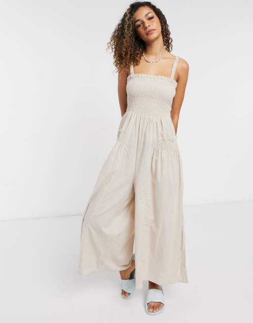 ASOS DESIGN shirred elastic back jumpsuit in stone | ASOS