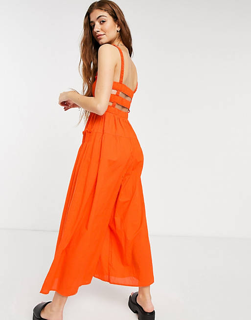 Women shirred elastic back jumpsuit in tomato red 