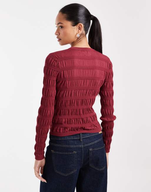 ASOS DESIGN shirred fine knit long sleeve top in burgundy, 4 of 4