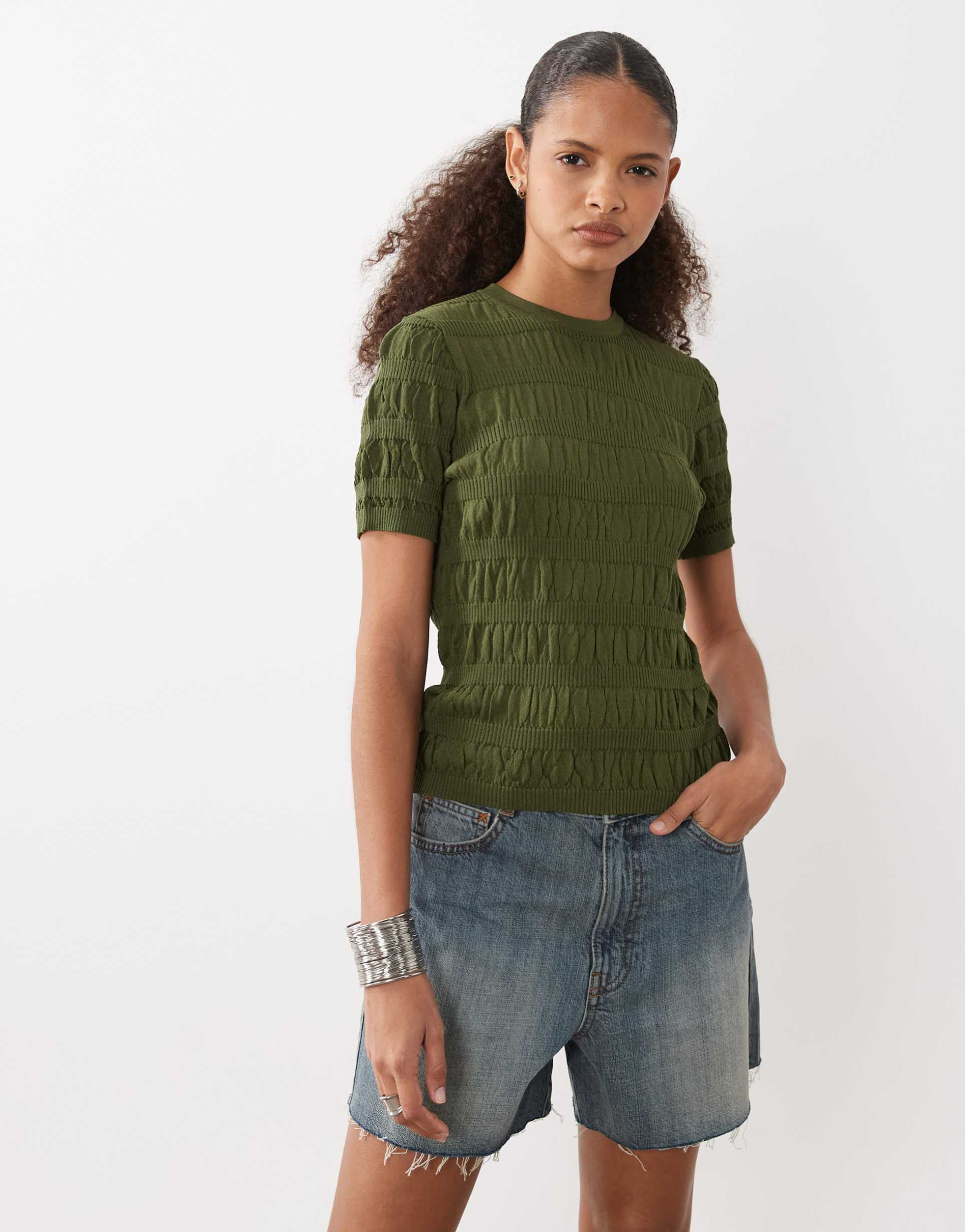 asos design shirred fine knit t-shirt in khaki