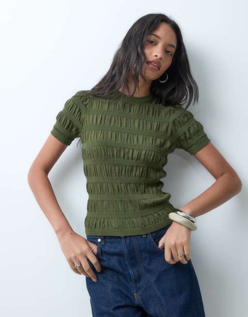 ASOS DESIGN shirred fine knit t-shirt in khaki, 2 of 5