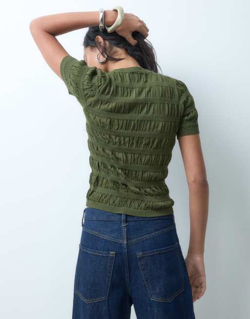 ASOS DESIGN shirred fine knit t-shirt in khaki, 3 of 5
